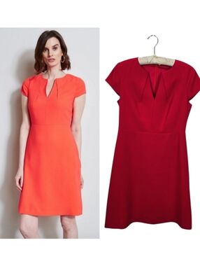 Elie Tahari Short Sleeve Dart Dress Tomato Red Triacetate Crepe Size 6